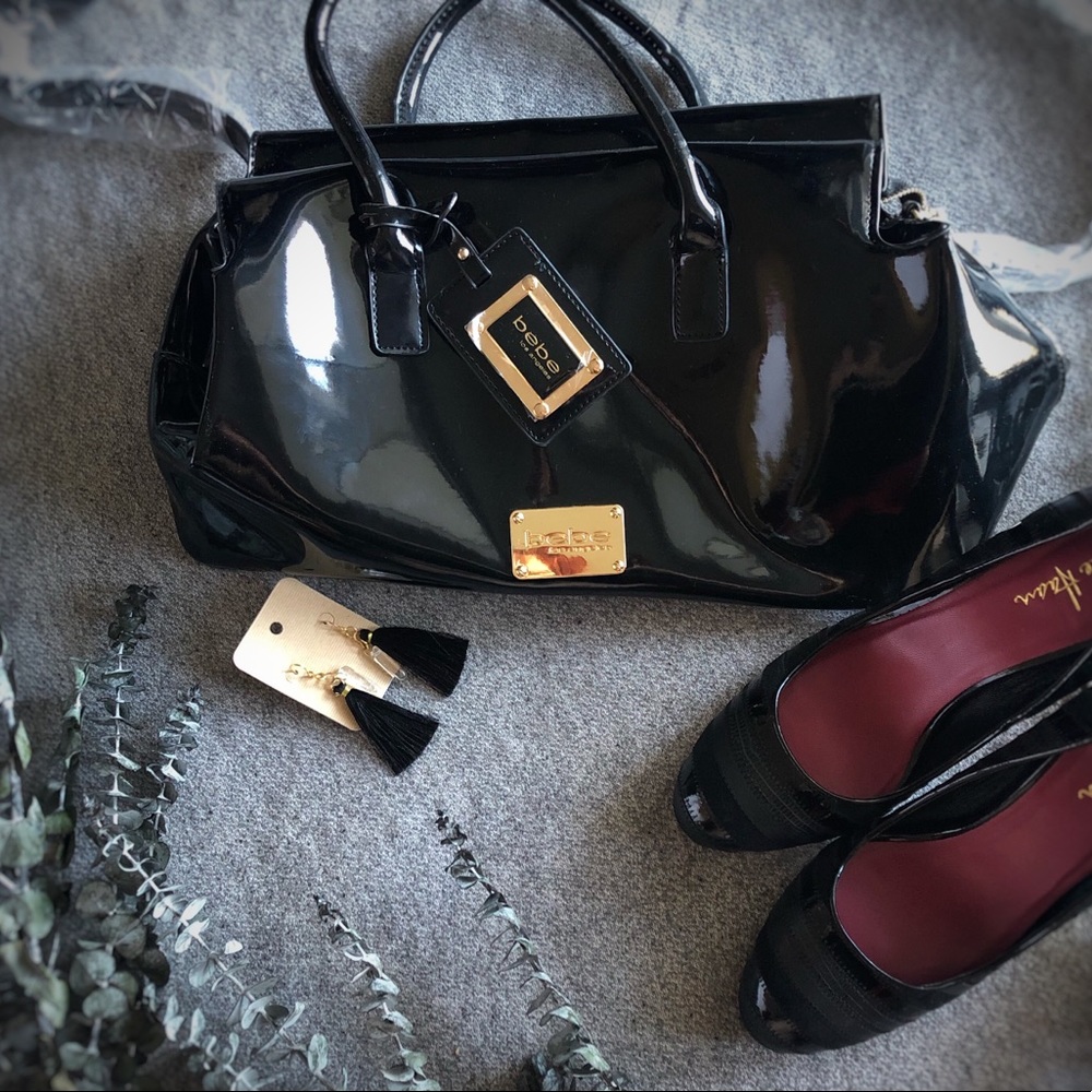 Black Vinyl-Like Bebe Purse Satchel